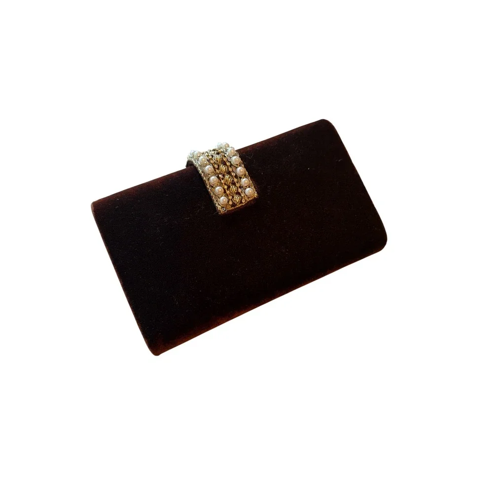Velvet Clutch Brown Beaded Pearl Clasp Evening Bag Rectangle Formal